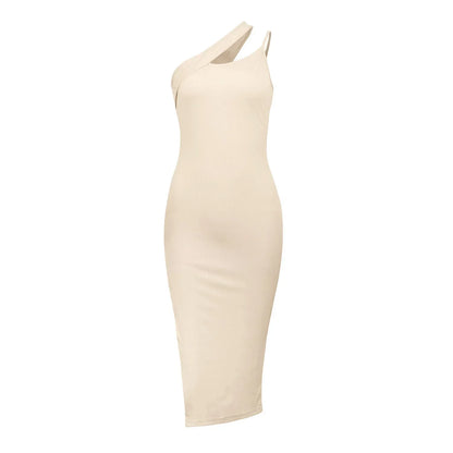 One Shoulder Cutout Rib Knit Side Slit Bodycon Midi Dress