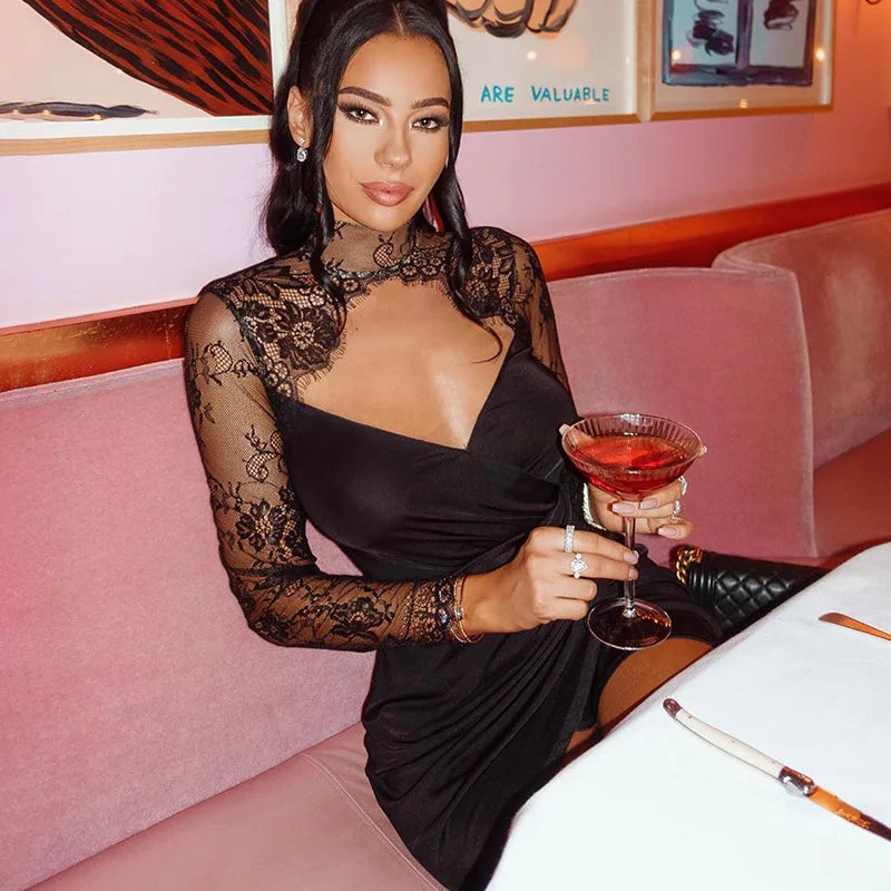Lace Mock Neck Cut Out Wrap V-Neck Ruched Tulip Hem Mini Dress
