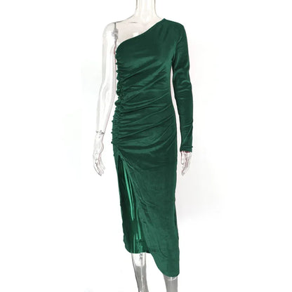 Velvet One Shoulder Long Sleeve Ruched Front Slit Bodycon Midi Dress