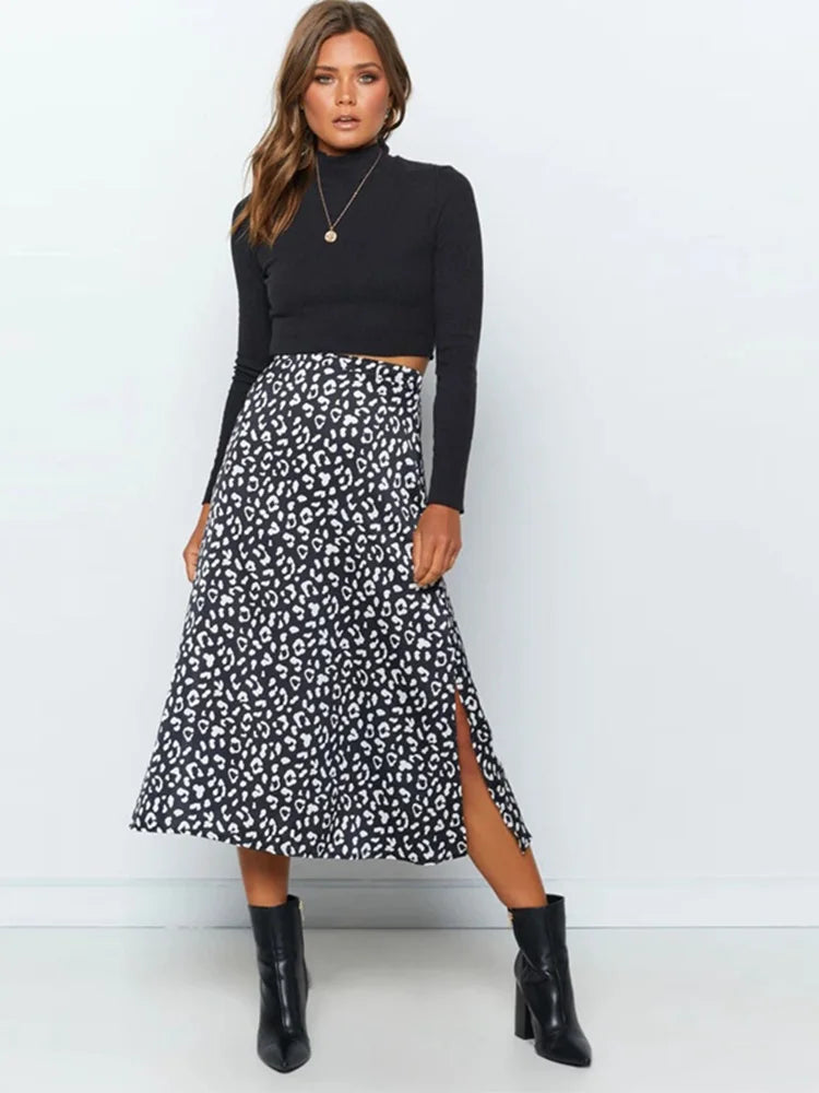 2025 New Sexy Leopard Print Chiffon Split Skirt Casual Fashion Long Skirts for Women Spring Summer Zip Elegant Female Skirt