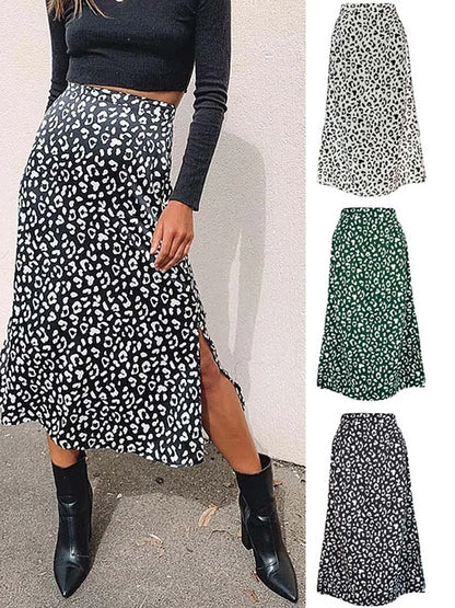 2025 New Sexy Leopard Print Chiffon Split Skirt Casual Fashion Long Skirts for Women Spring Summer Zip Elegant Female Skirt
