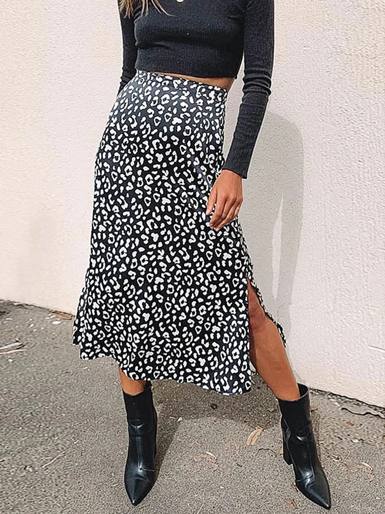2025 New Sexy Leopard Print Chiffon Split Skirt Casual Fashion Long Skirts for Women Spring Summer Zip Elegant Female Skirt