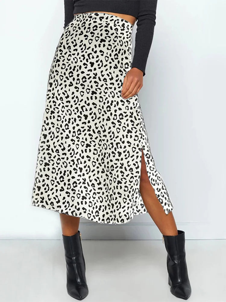 2025 New Sexy Leopard Print Chiffon Split Skirt Casual Fashion Long Skirts for Women Spring Summer Zip Elegant Female Skirt