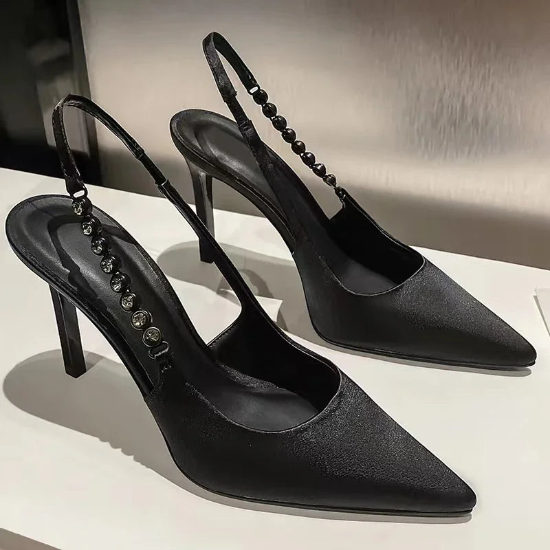 New Slingbacks Women's Pointed Highs Silver Leather Fashion Dress Shoes Low Heel Pumps