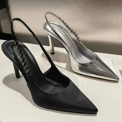New Slingbacks Women's Pointed Highs Silver Leather Fashion Dress Shoes Low Heel Pumps