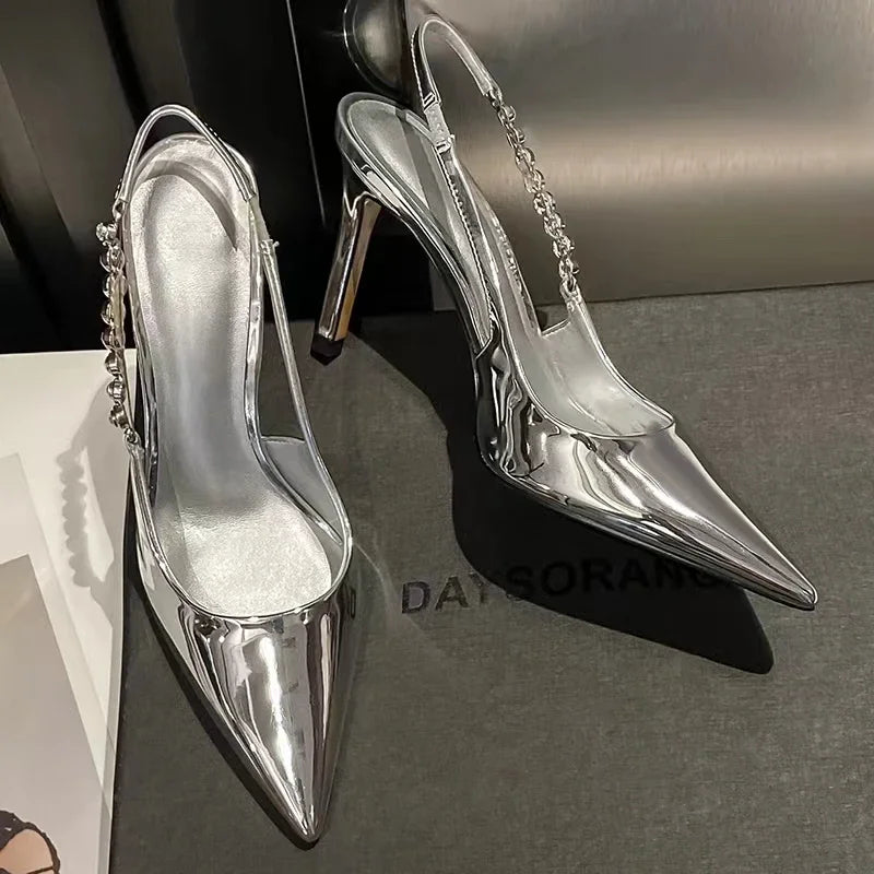 New Slingbacks Women's Pointed Highs Silver Leather Fashion Dress Shoes Low Heel Pumps