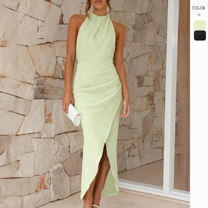 Halter Neck Plisse Texture Draped Wrap Front Slit Maxi Dress