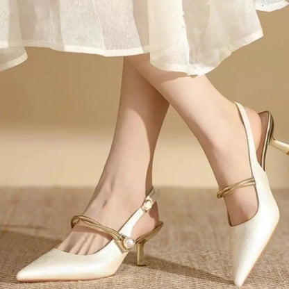 New Summer Fashion Pointed Toe Pearl High Banquet Women Low Heel Pumps