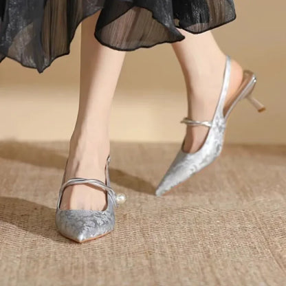 New Summer Fashion Pointed Toe Pearl High Banquet Women Low Heel Pumps