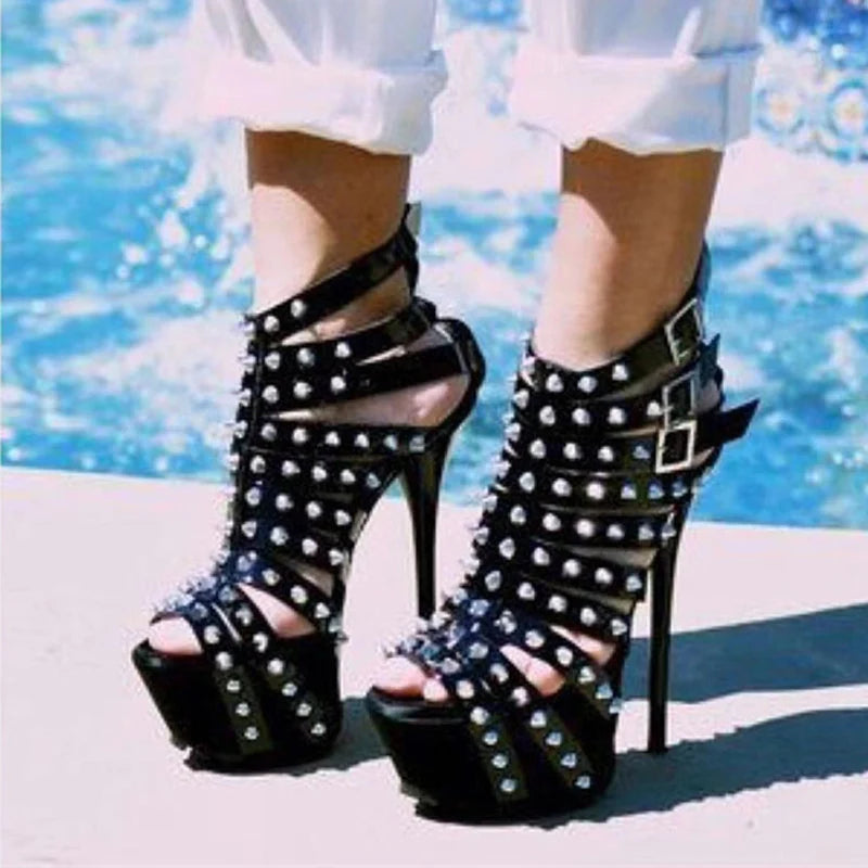 2025 Summer Platform High Heels Sandals Women Sexy Peep Toe Pumps Rivet Decoration Pole Dance Shoes