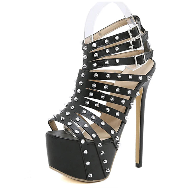 2025 Summer Platform High Heels Sandals Women Sexy Peep Toe Pumps Rivet Decoration Pole Dance Shoes