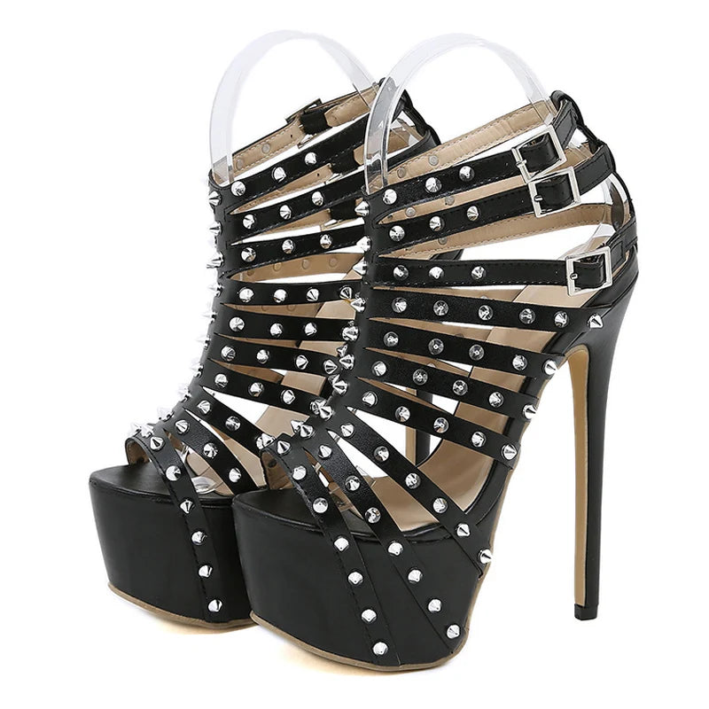 2025 Summer Platform High Heels Sandals Women Sexy Peep Toe Pumps Rivet Decoration Pole Dance Shoes