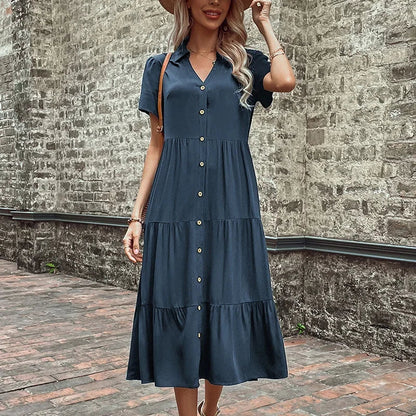 Short Sleeve Shirt Collar Button Down Tiered Midi Dress