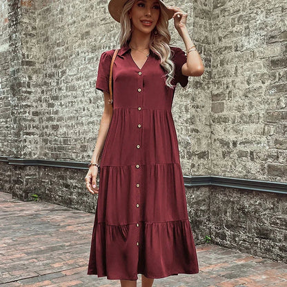 Short Sleeve Shirt Collar Button Down Tiered Midi Dress