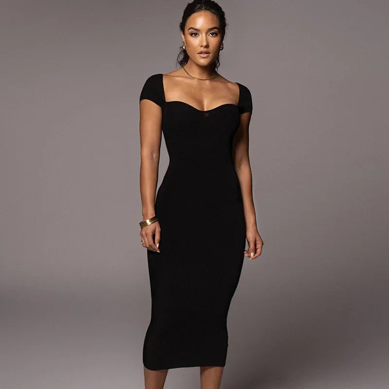 Off Shoulder Sweetheart Neck Chevron Rib Knit Bodycon Midi Dress