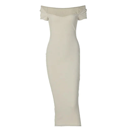Off Shoulder Sweetheart Neck Chevron Rib Knit Bodycon Midi Dress
