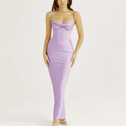 Cowl Neck Spaghetti Strap Corset Boning Satin Maxi Dress
