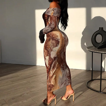 Marble Print Off Shoulder Long Sleeve Bodycon Maxi Dress
