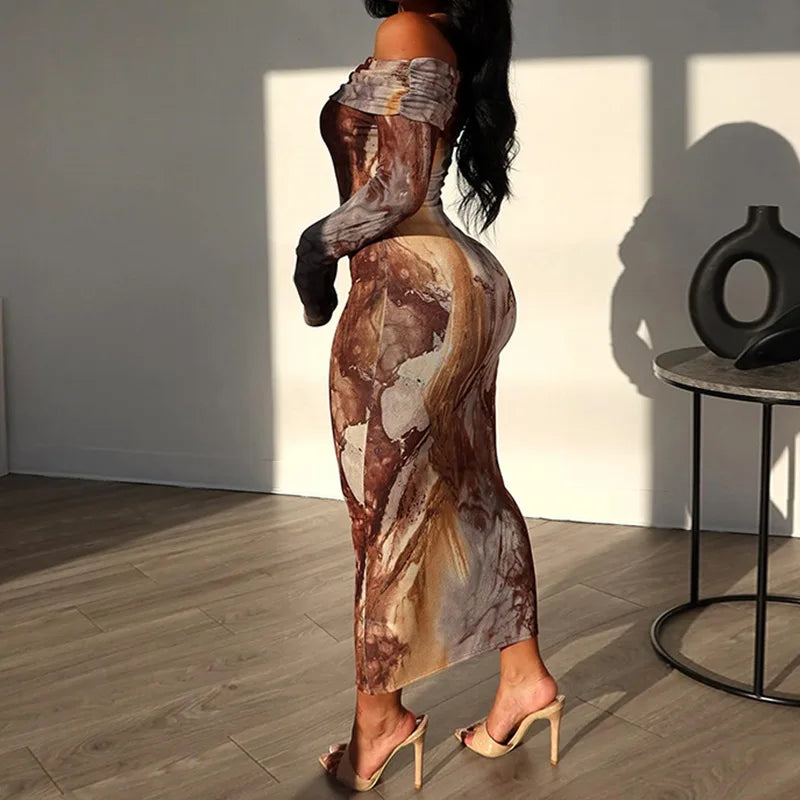 Abstract Marble Print Off Shoulder Long Sleeve Bodycon Midi Dress