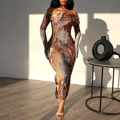 Abstract Marble Print Off Shoulder Long Sleeve Bodycon Midi Dress