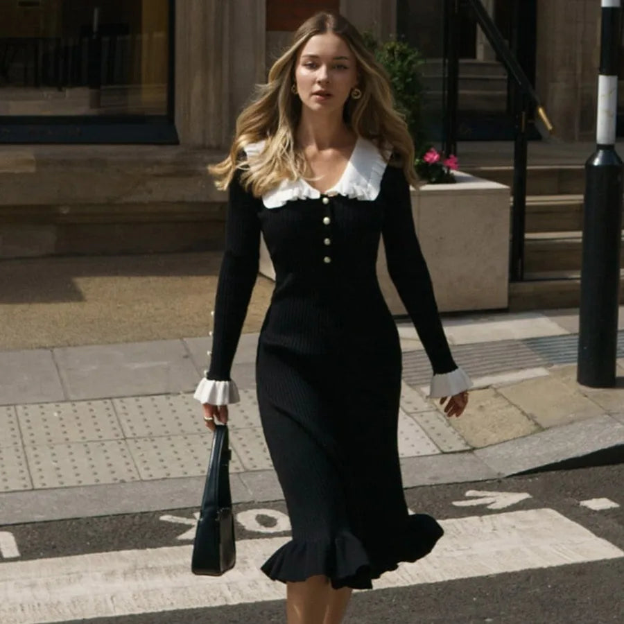 Ribbed Knit Peter Pan Collar Button Front Ruffle Hem Midi Dress