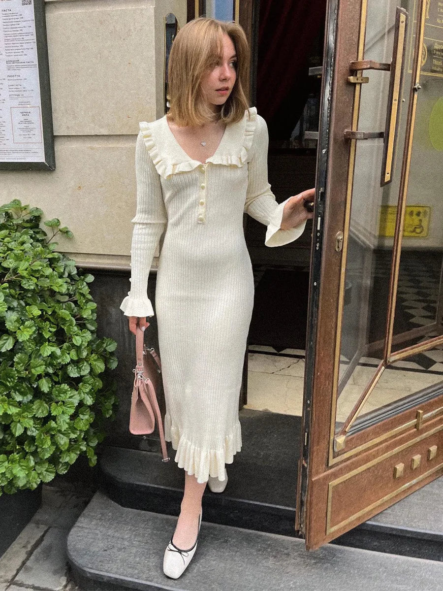 Ribbed Knit Peter Pan Collar Button Front Ruffle Hem Midi Dress