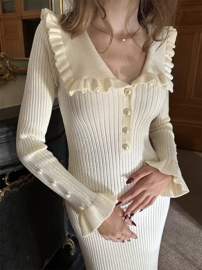 Ribbed Knit Peter Pan Collar Button Front Ruffle Hem Midi Dress