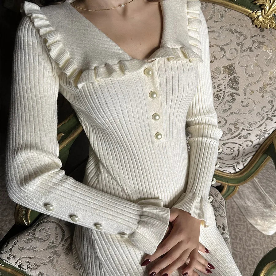 Ribbed Knit Peter Pan Collar Button Front Ruffle Hem Midi Dress
