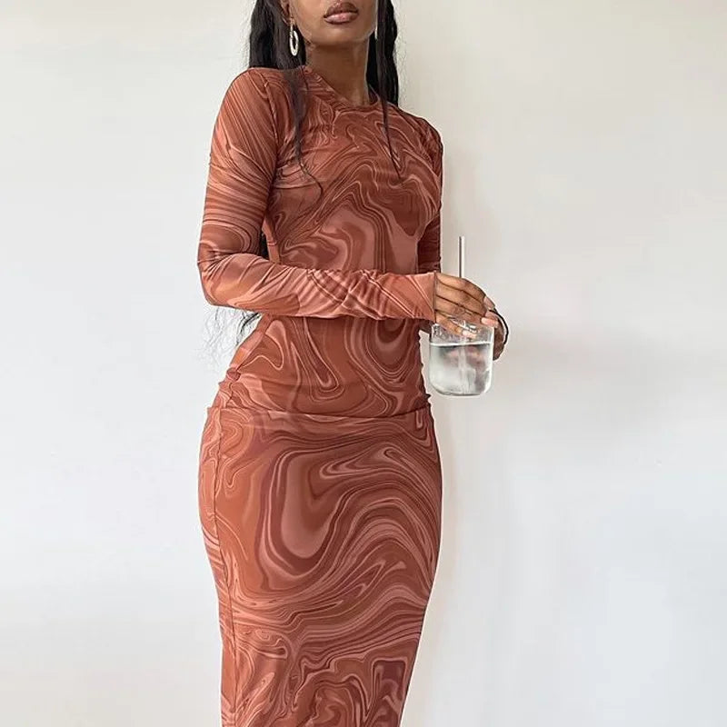 Abstract Marble Print Long Sleeve Crew Neck High Waist Skirt Set