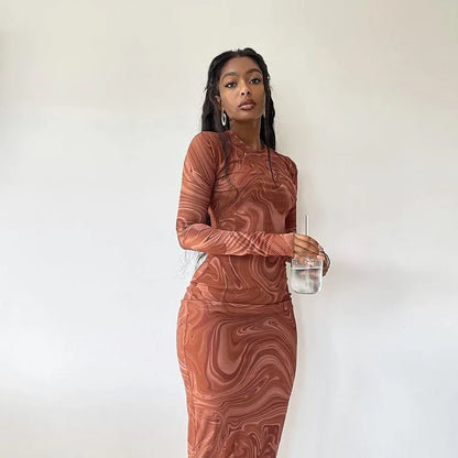 Abstract Marble Print Long Sleeve Crew Neck High Waist Skirt Set