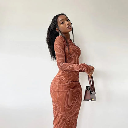 Marble Swirl Print Crew Neck Long Sleeve Bodycon Midi Dress