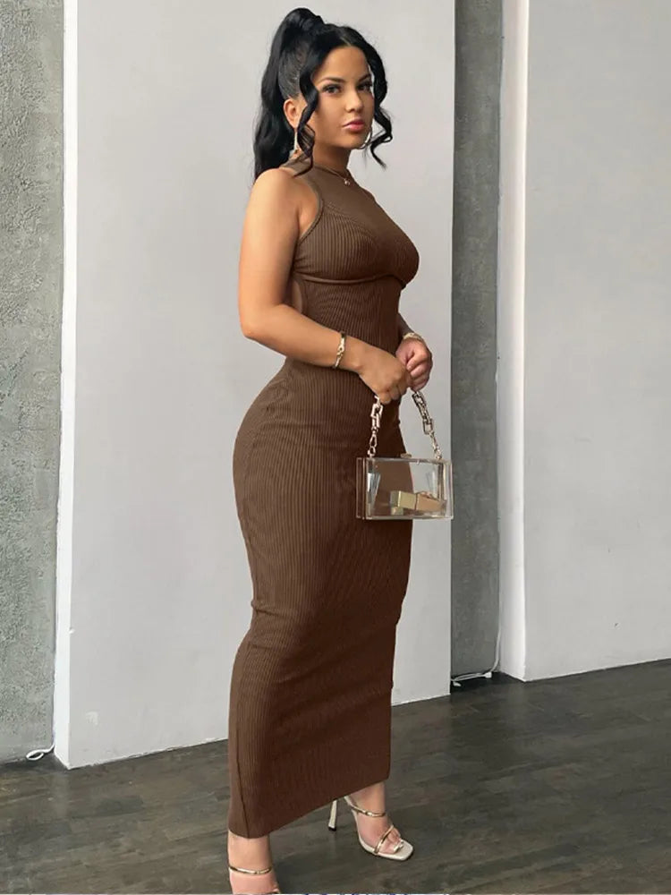 Ribbed Knit Crew Neck Sleeveless Bodycon Maxi Dress