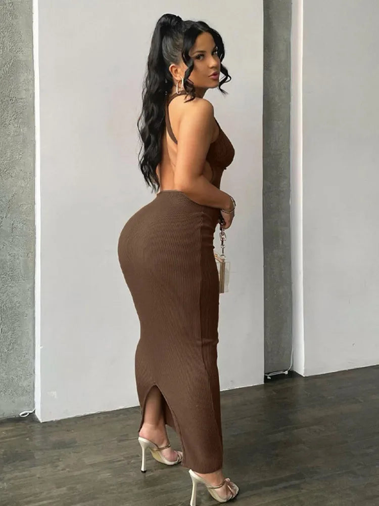 Sleeveless Ribbed Knit Crew Neck Corset Seam Bodycon Maxi Dress
