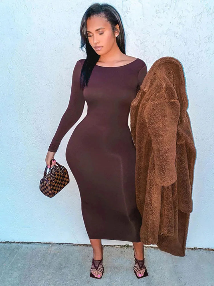 Scoop Neck Long Sleeve Bodycon Midi Dress