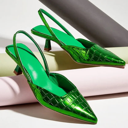 2024 Summer New Fashion Back Strap Stone Pattern Purple Pointed Toe Slingback Shoes Brand Wedding High Mules Low Heel Pumps