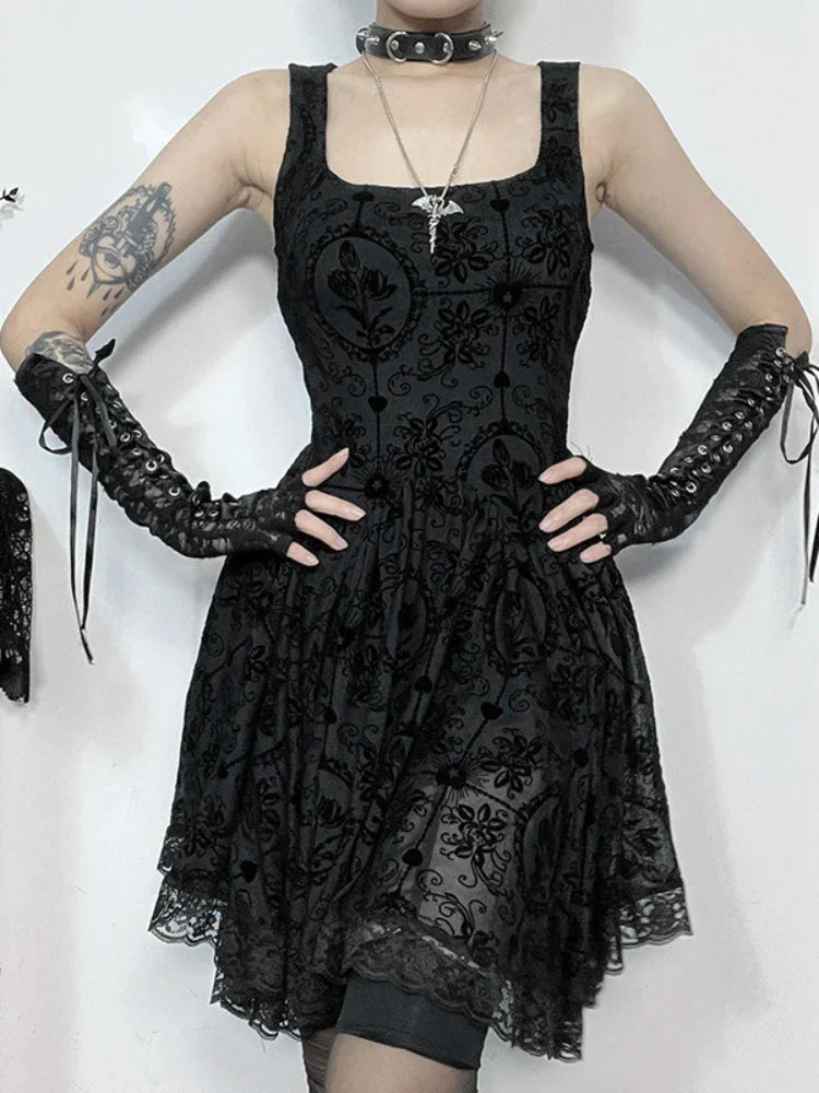 Square Neck Burnout Velvet Damask Floral Lace Trim A-Line Midi Dress