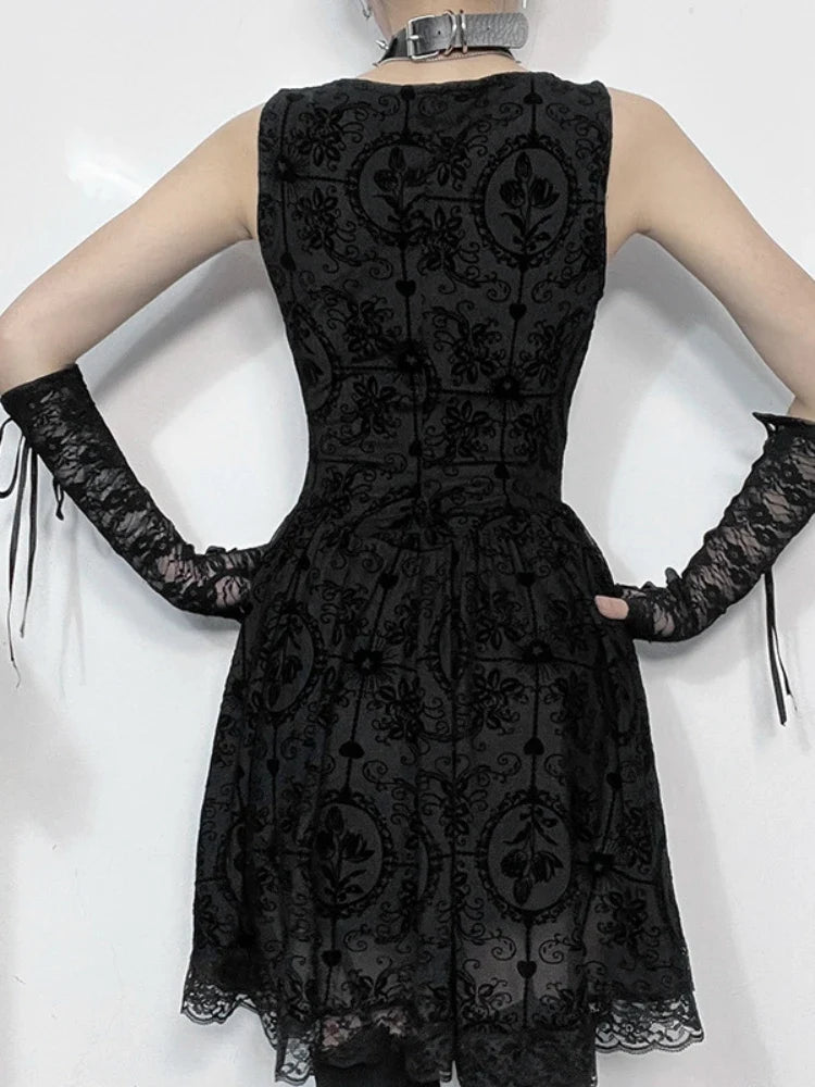2024 Summer New Harajuku Retro Wrapped Hip Mini Dress Y2K Vintage Gothic Punk Dark Style Tie Up A-Line Dress