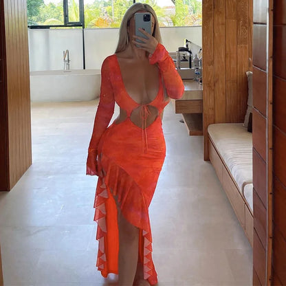 Tie Front Cutout Side Ruffle Asymmetric Hem Long Sleeve Maxi Dress