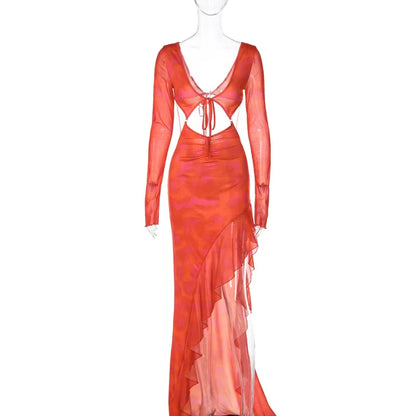 Tie Front Cutout Side Ruffle Asymmetric Hem Long Sleeve Maxi Dress