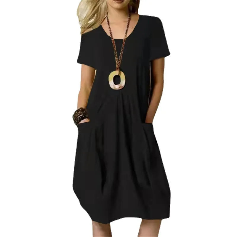 Short Sleeve V-Neck Patch Pocket Pleated Bodice Midi Dress