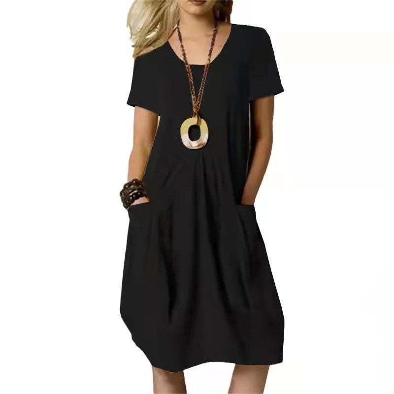 Short Sleeve V-Neck Patch Pocket Pleated Bodice Midi Dress