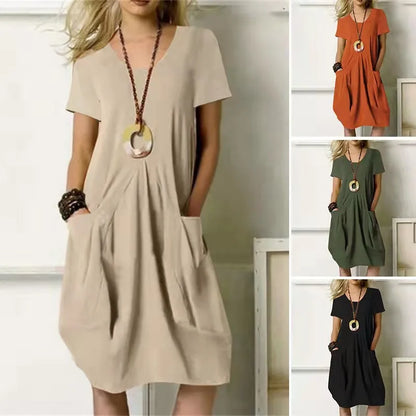 Short Sleeve V-Neck Patch Pocket Pleated Bodice Midi Dress