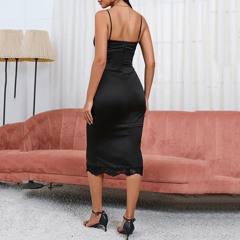 Satin Lace Trim V-Neck Corset Lace Up Scalloped Hem Midi Dress