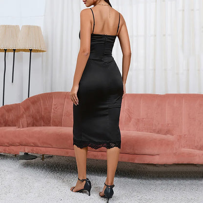 Satin Lace Trim V-Neck Corset Lace Up Scalloped Hem Midi Dress