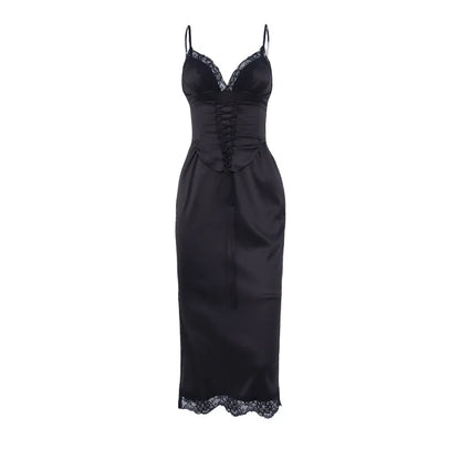 Satin Lace Trim V-Neck Corset Lace Up Scalloped Hem Midi Dress