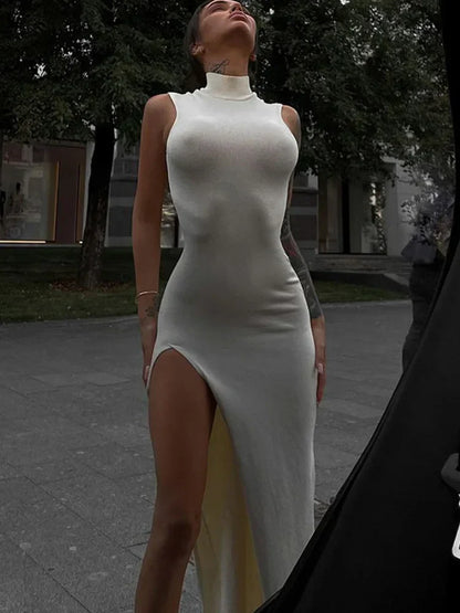 Mock Neck Sleeveless High Split Bodycon Maxi Dress