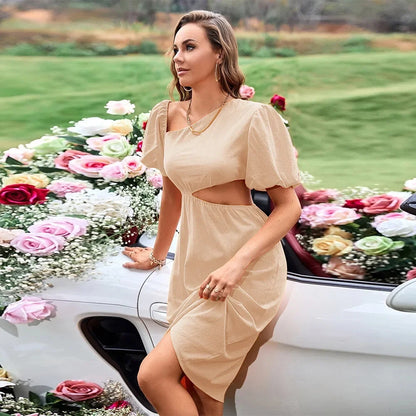 One Shoulder Puff Sleeve Waist Cut Out A-Line Midi Dress