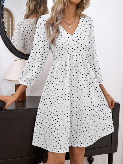 Polka Dot Print V-Neck Puff Sleeve Empire Waist Mini Dress