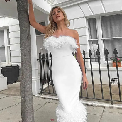 Strapless Feather Trim Neckline and Hem Bodycon Midi Dress