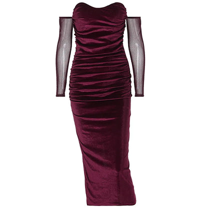 Velvet Off Shoulder Mesh Long Sleeve Ruched Bodycon Midi Dress
